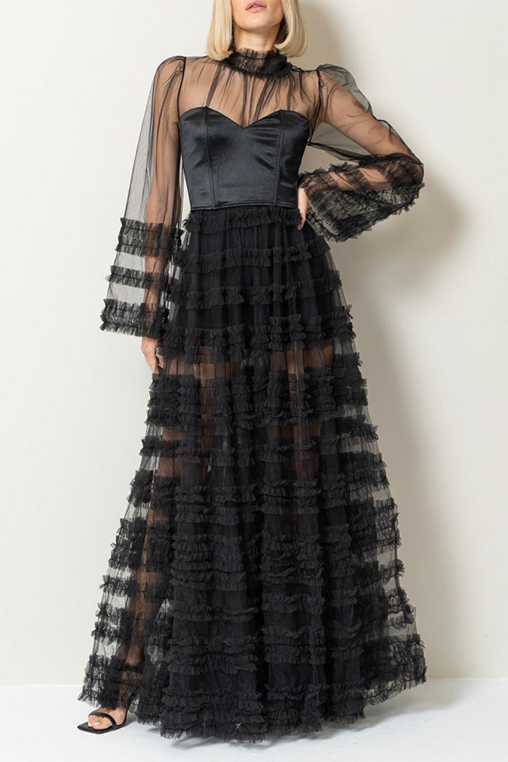 Lace Splicing Mesh Cake Long Dress