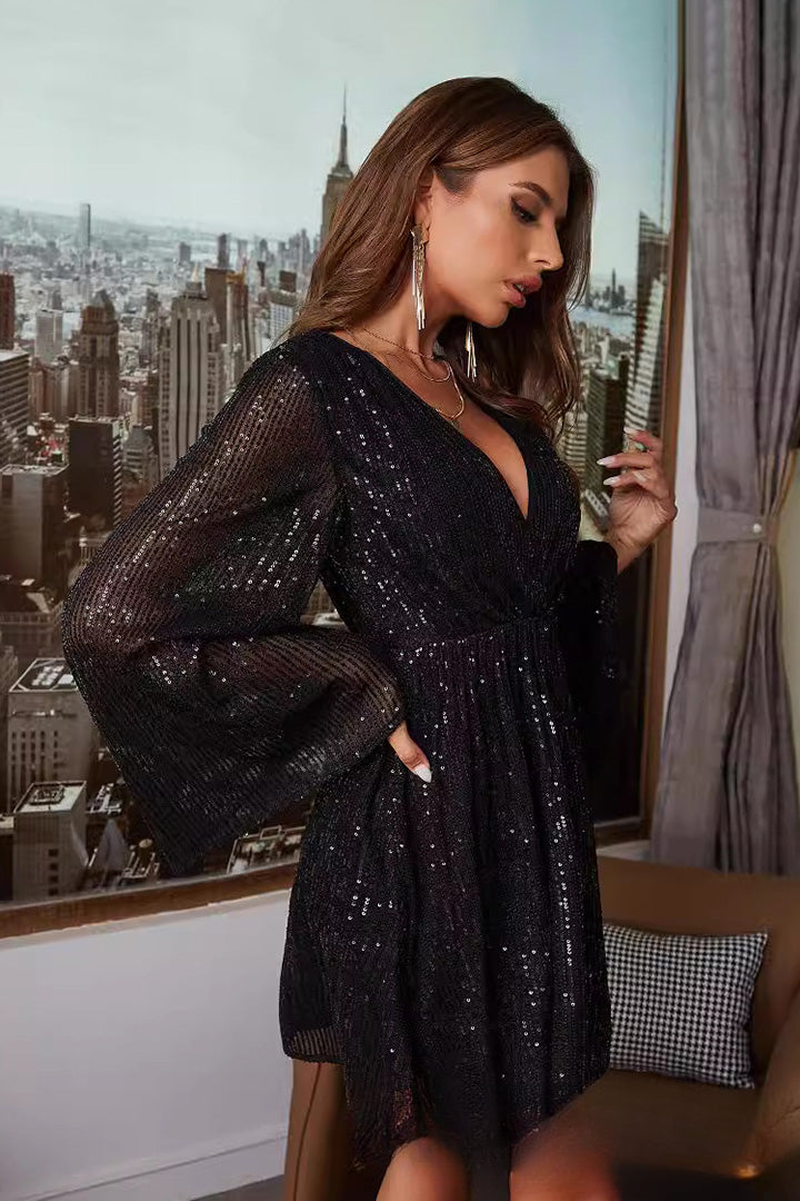 Sequined Bell Sleeve Mini Dress