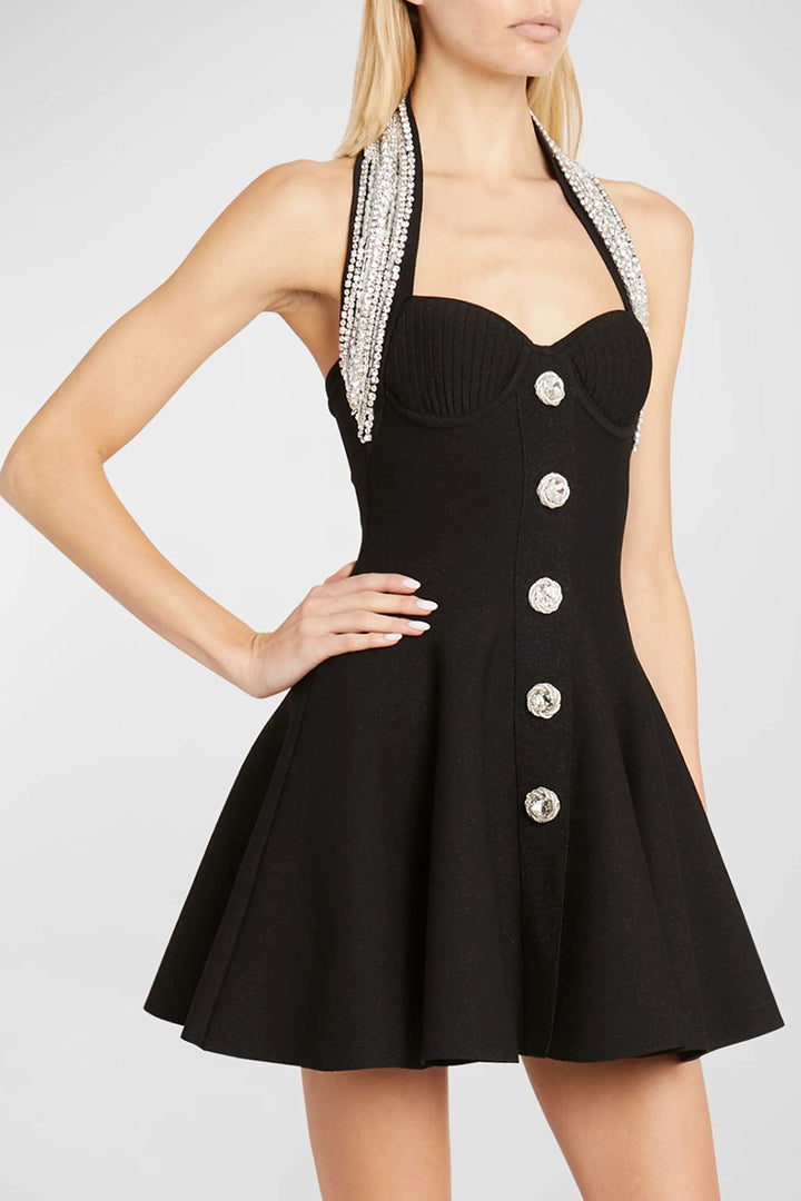 Black Sleeveless Heavy Beaded A-line Mini Dress