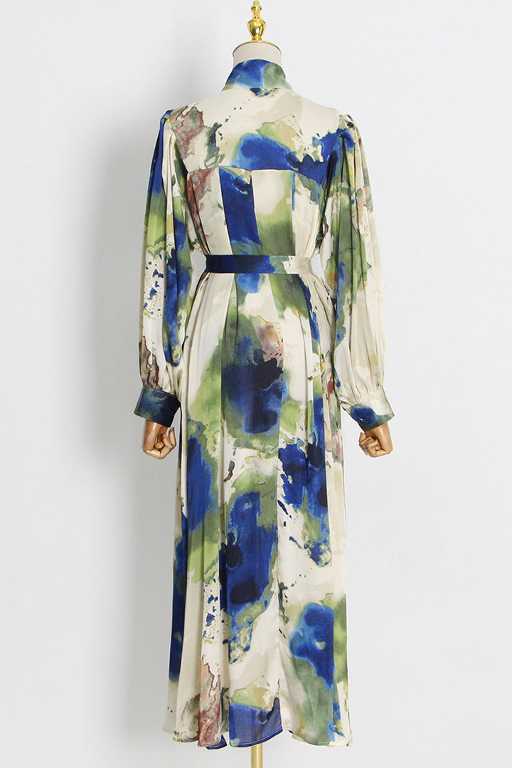 Green Floral Tie Dye Long Sleeves Maxi Dress