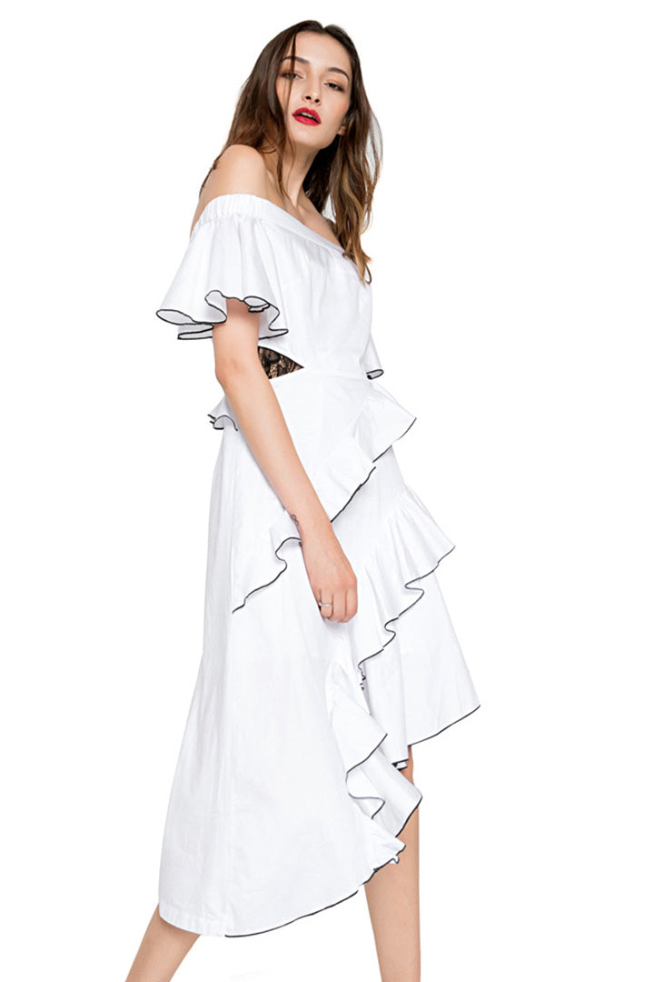 White Off Shoulder Ruffle Maxi Dress