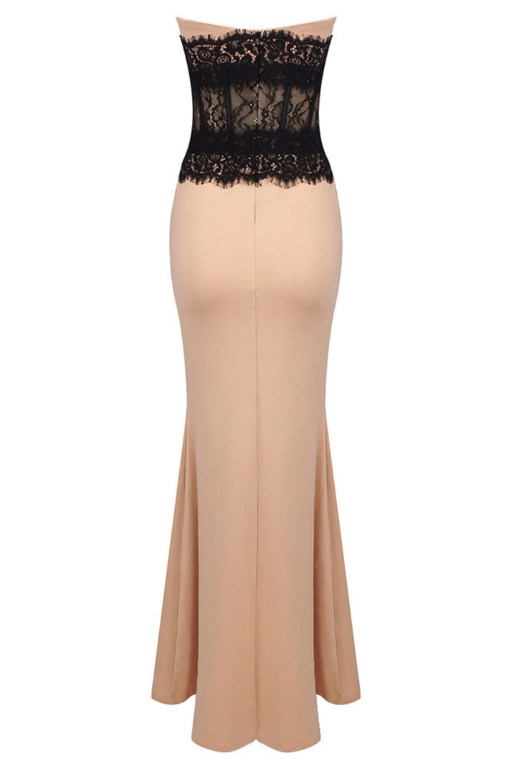 Apricot Lace Stretch Sheath Maxi Dress