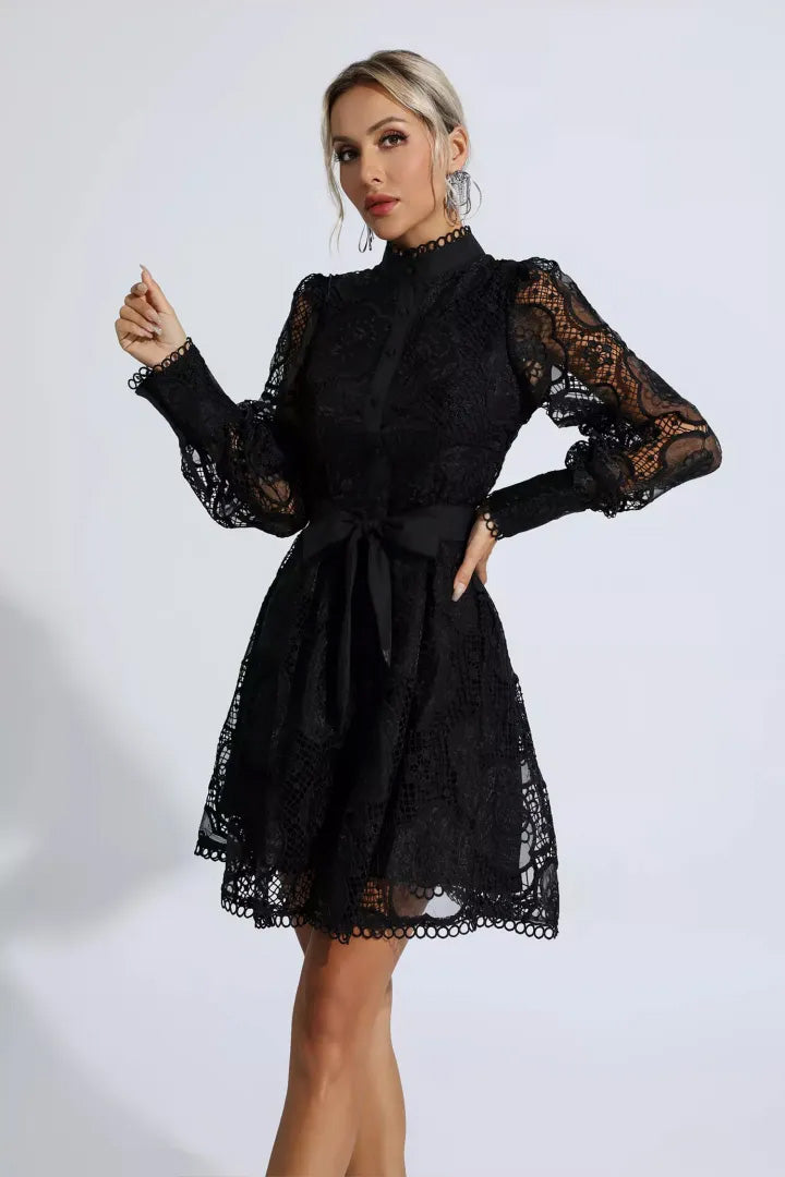 Black Lace Jacquard Mini Dress