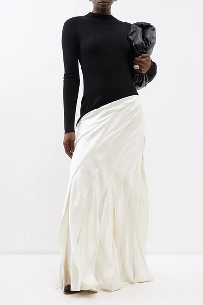 Irregularly Pleated Color Blocked Maxi Dress