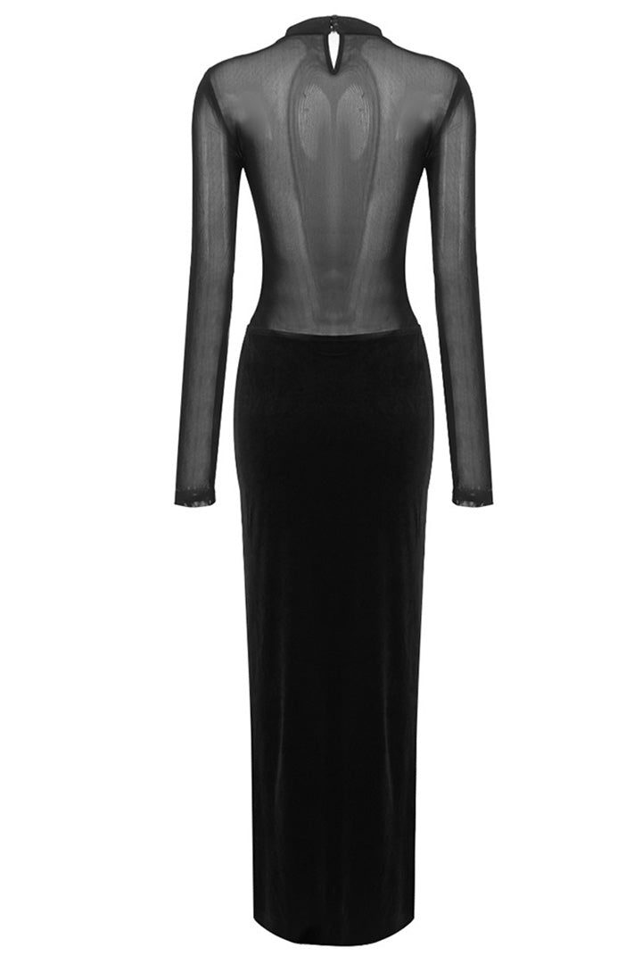 Black Long Sleeve Mesh Velvet Maxi Dress