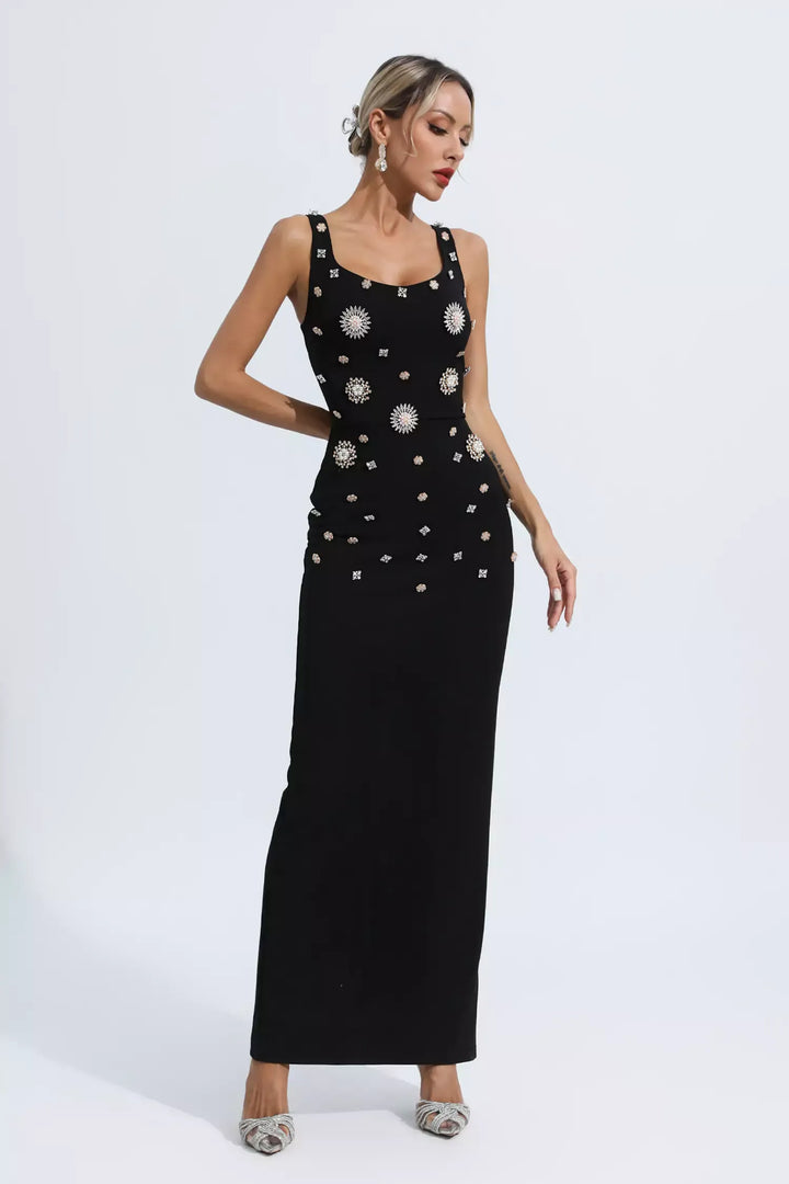 Black Embellished Diamond Maxi Dress