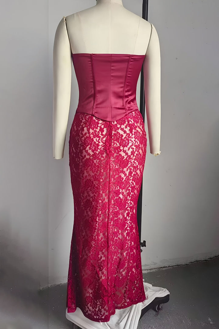 Red Sheath Lace-Up Hip Wrap Long Dress