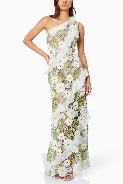 Green Slant Shoulder Floral Embroidered Maxi Dress