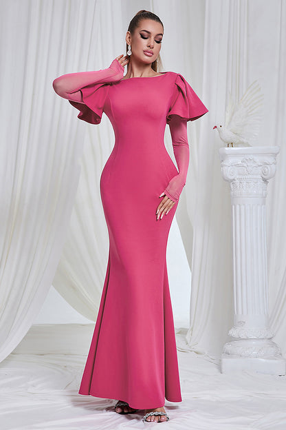 Rose Red Round Neck Ruffle Long Sleeve Maxi Dress