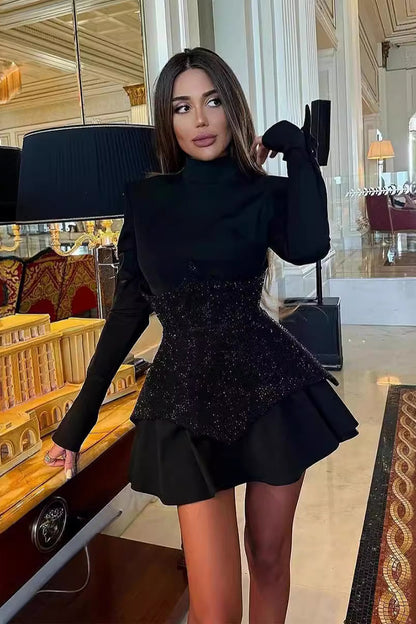 Black Long Sleeve Patchwork Sequin A-Line Mini Dress