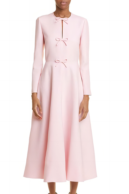 Pink Round Neck Long Sleeve Bow Long Dress