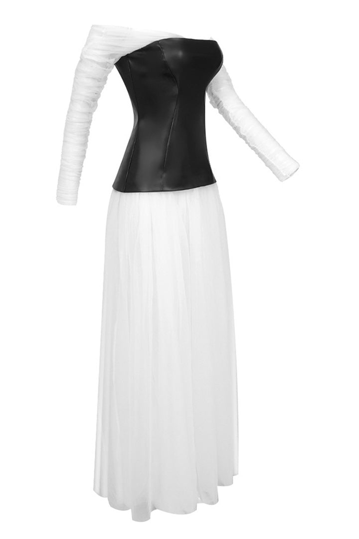 White Mesh PU Patchwork Sheath Maxi Dress