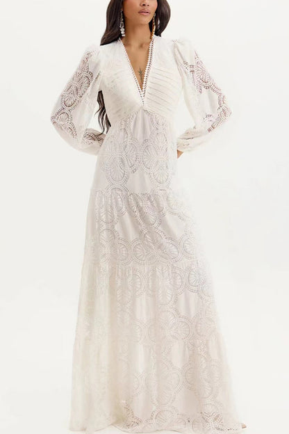 V-Neck Embroidered Long Sleeve Maxi Dresses