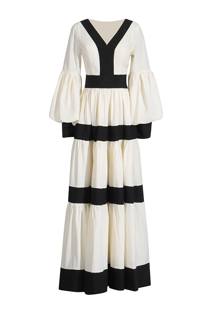 Black White Patchwork Lantern Sleeve Midi Dress