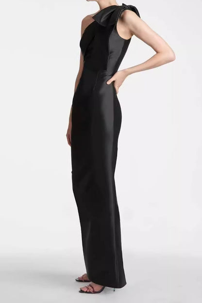 Black One Shoulder Bow Maxi Dress