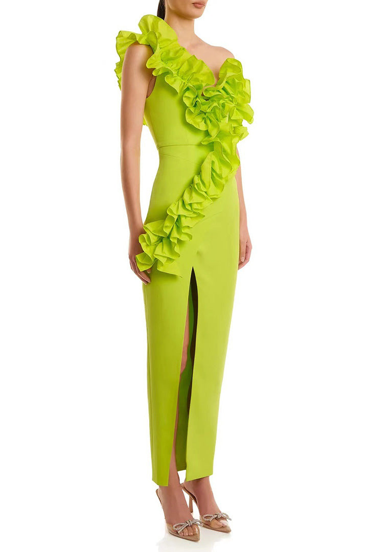 Green Ruffled Slant Neck Strapless Split Long Dress