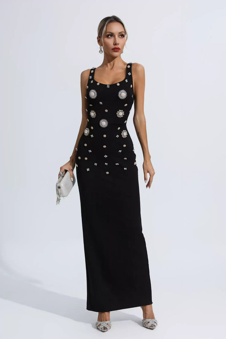 Black Embellished Diamond Maxi Dress