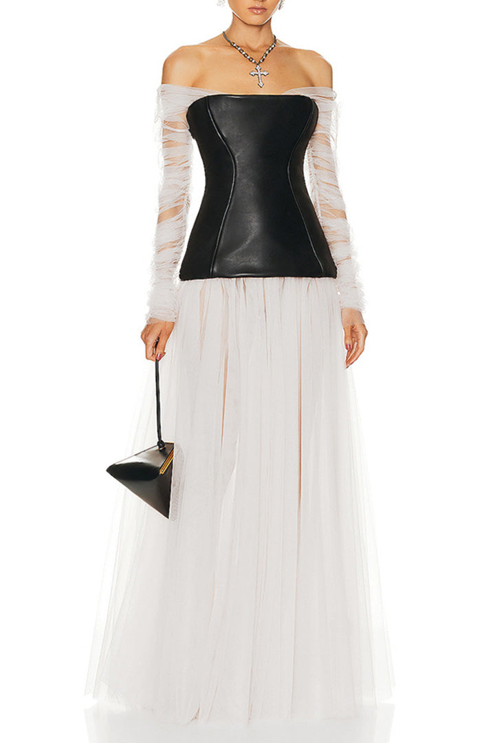 White Mesh PU Patchwork Sheath Maxi Dress