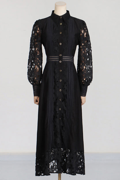 Lapel Lace Embroidery Long Dress