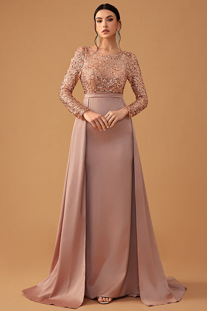 Elegant Round Neck Long Sleeve Sequin Long Dress