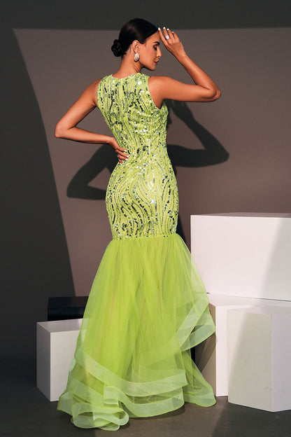 Green Sequin Mesh Patchwork Fishtail Maxi Dress