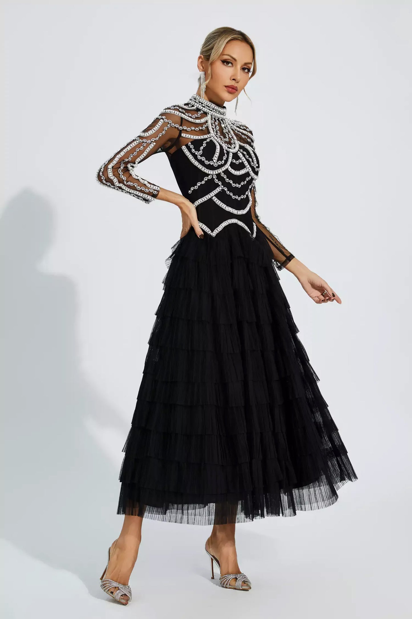 Black Beading Maxi Evening Dress