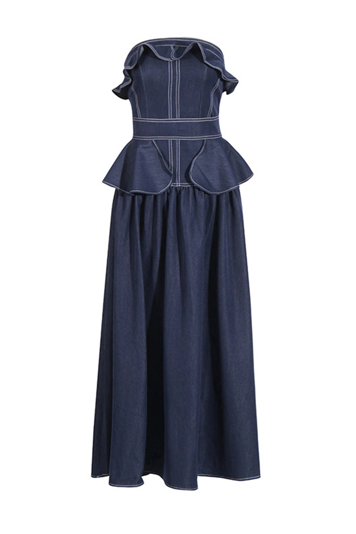 Blue Sheath Denim Wood Earring Midi Dress