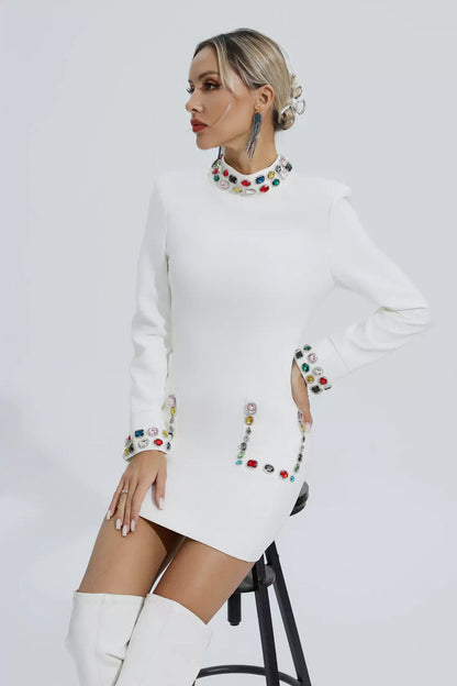 White Diamond Embellishment Mini Dress