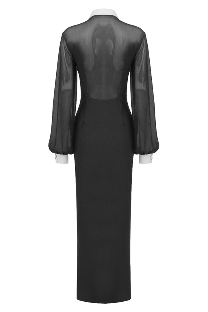 Black Long Sleeve Mesh Split Button Maxi Dress