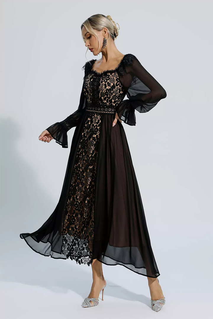 Black Floral Hollow Long Sleeve Dress