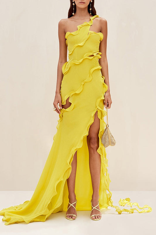 Yellow Slant Shoulder Wooden Earring Split Maxi Dress