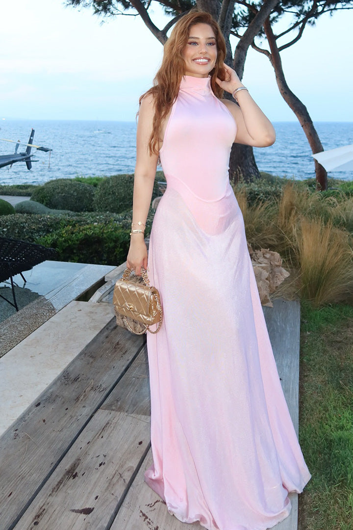 Pink Satin Tulle A Line Maxi Dress