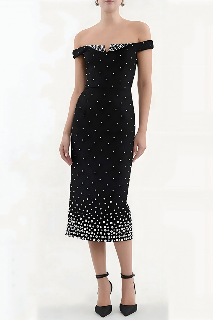 Elegant Black Midi Dress With Stars And Diamonds