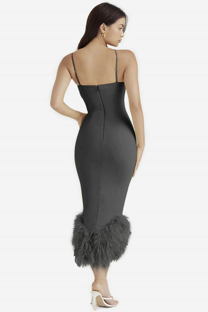 Solid Color Feather Patchwork Halter Dress