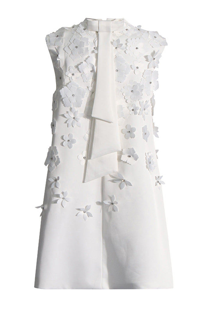 White Beaded 3D Floral Sleeveless Short Dress