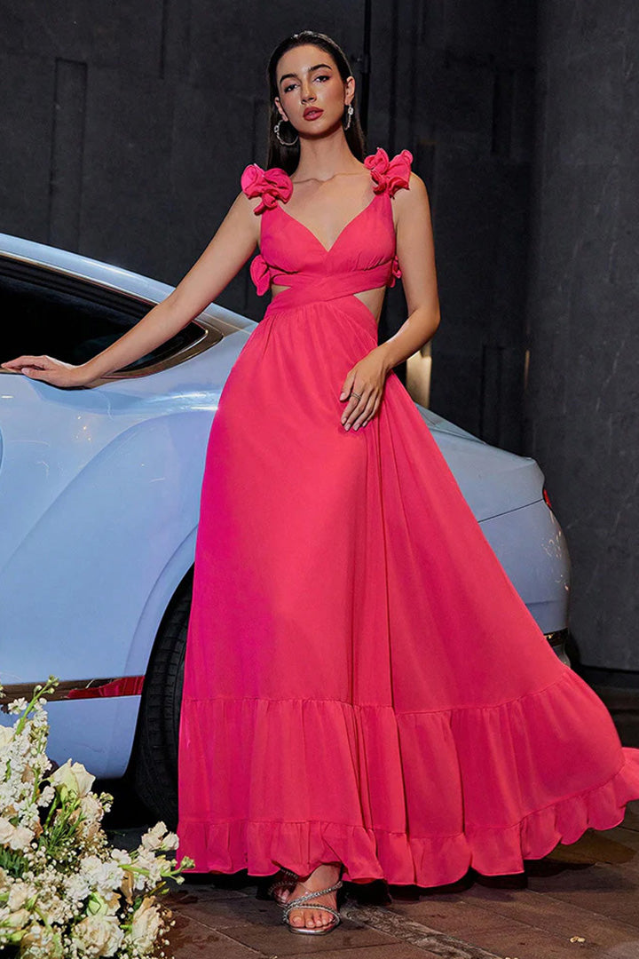 Pink Strapless V-neck Ruffled Backless Evening Gown