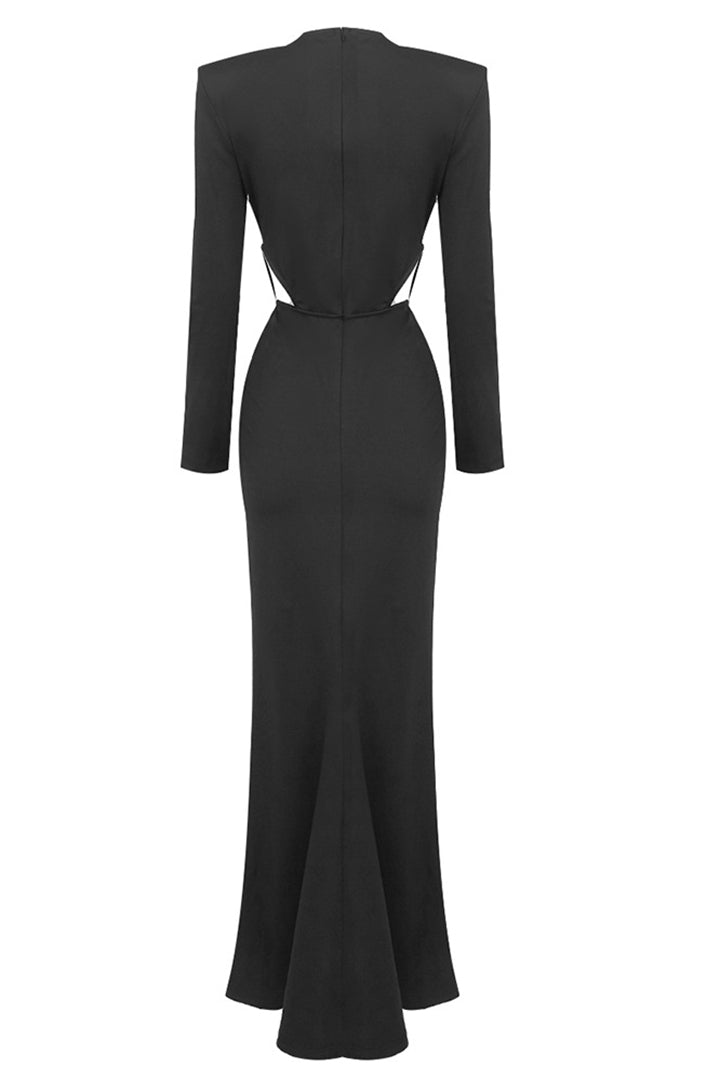 Long Sleeve Drawstring Cutout Crossover Maxi Dress