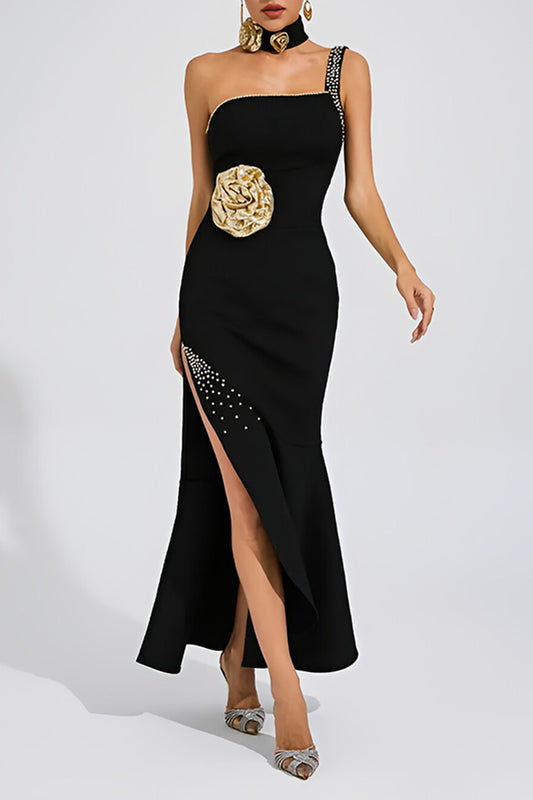 Elegant Black Single Strap Floral Embellished Maxi Dress