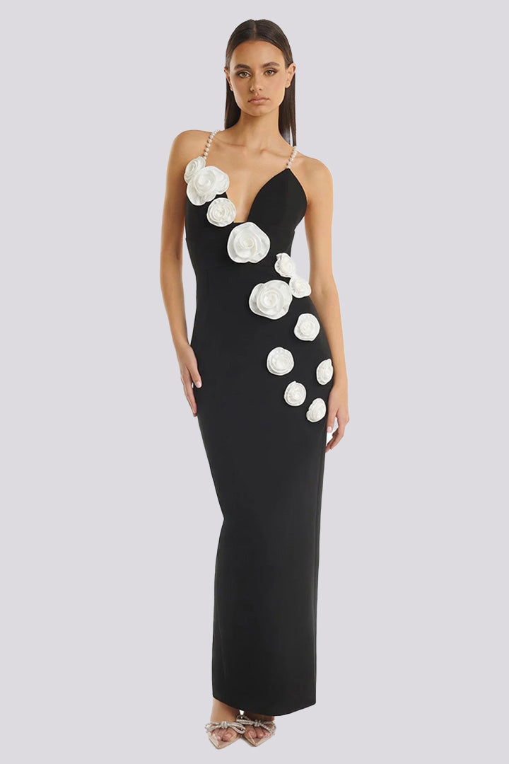 Black White Spaghetti Flower Patchwork Maxi Dress