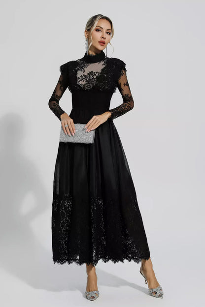 Black Floral Lace Stitching Long Sleeve Dress