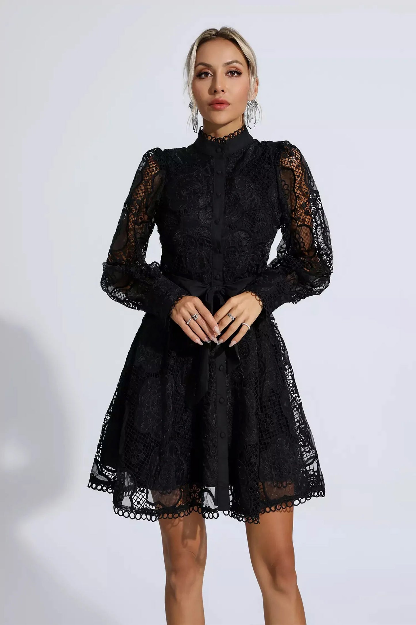 Black Lace Jacquard Mini Dress