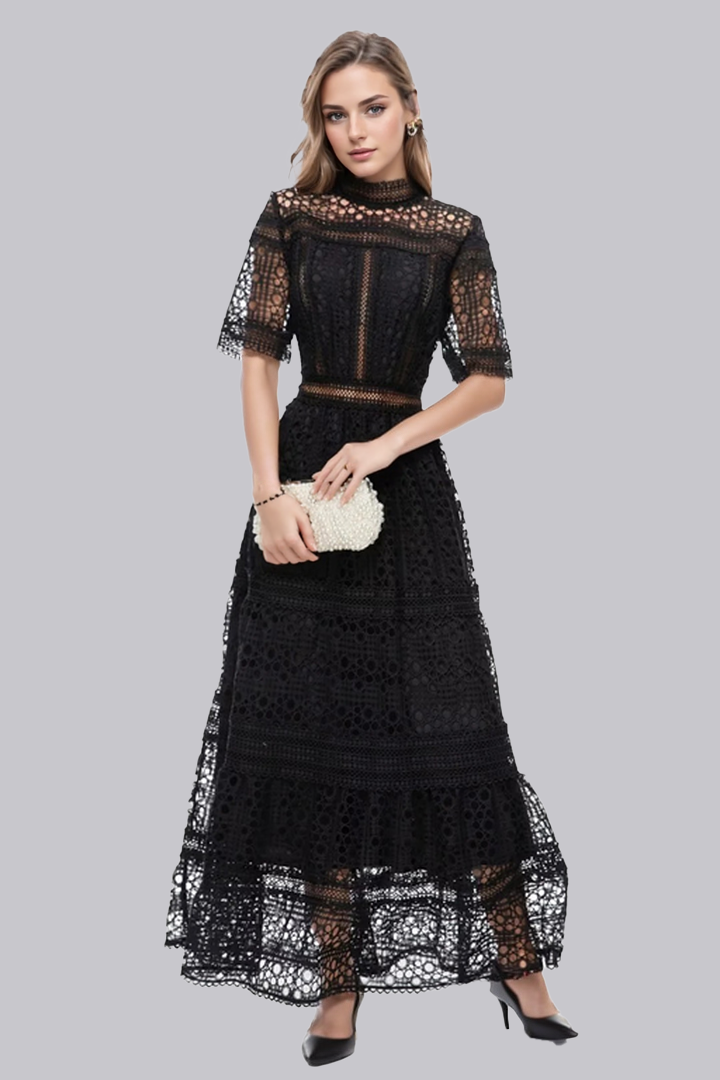 Half Sleeves Lace Midi Dress