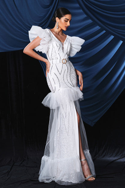 White Sleeveless Sequined Mesh Patchwork Maxi Dress