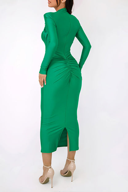 Solid Color Asymmetric Pleated Knit Long Dress