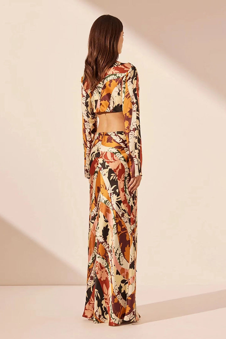 Orange Round Neck Printed Cutout Maxi Dress