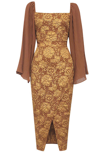 Coffee Square Neck Printed Midi Dress