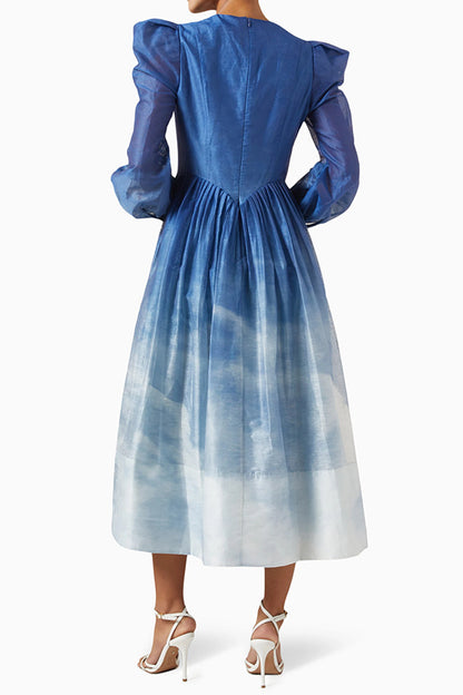 Gradient Blue Round Neck Bubble Sleeve Midi Dress