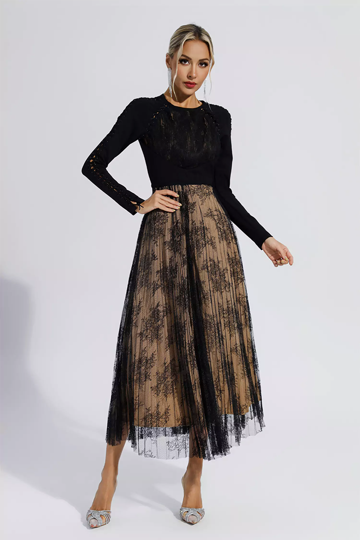 Black Lace Long Sleeve Maxi Dress