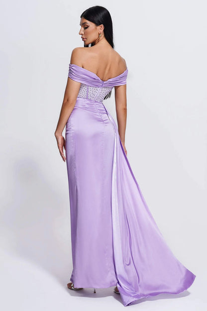 Purple High Slit Diamante Mesh Corset Satin Maxi Dress