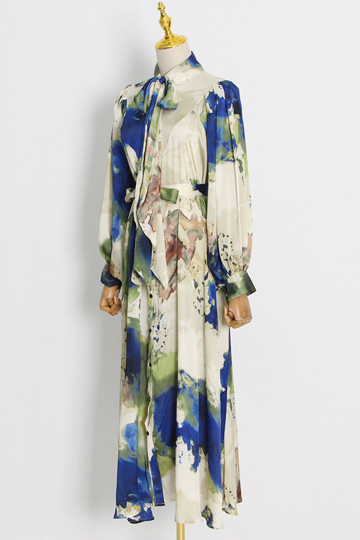 Green Floral Tie Dye Long Sleeves Maxi Dress